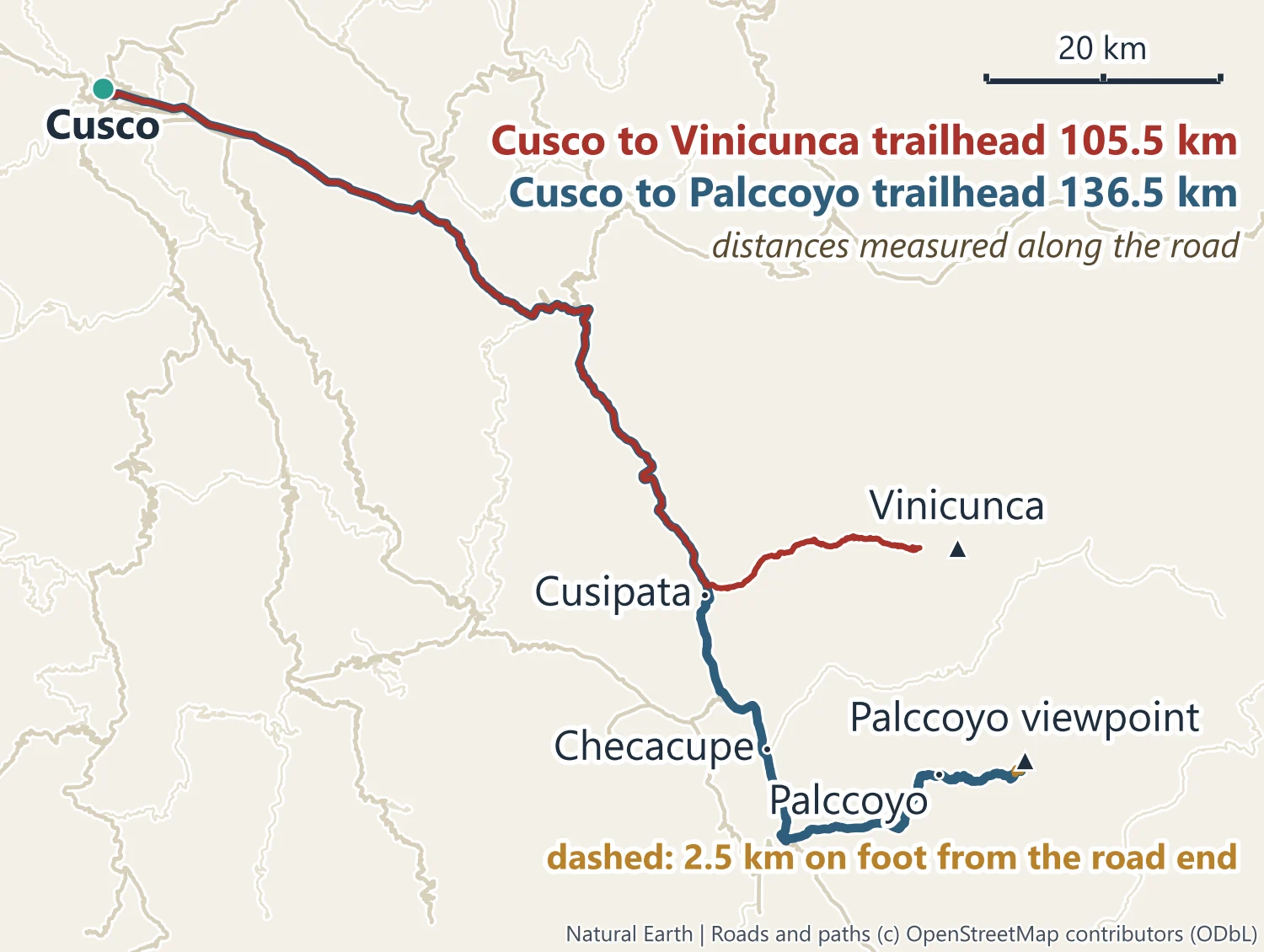 Map of the roads from Cusco to Palccoyo (136.5 km) and to the Vinicunca trailhead (105.5 km), both via Cusipata, Palccoyo beyond Checacupe