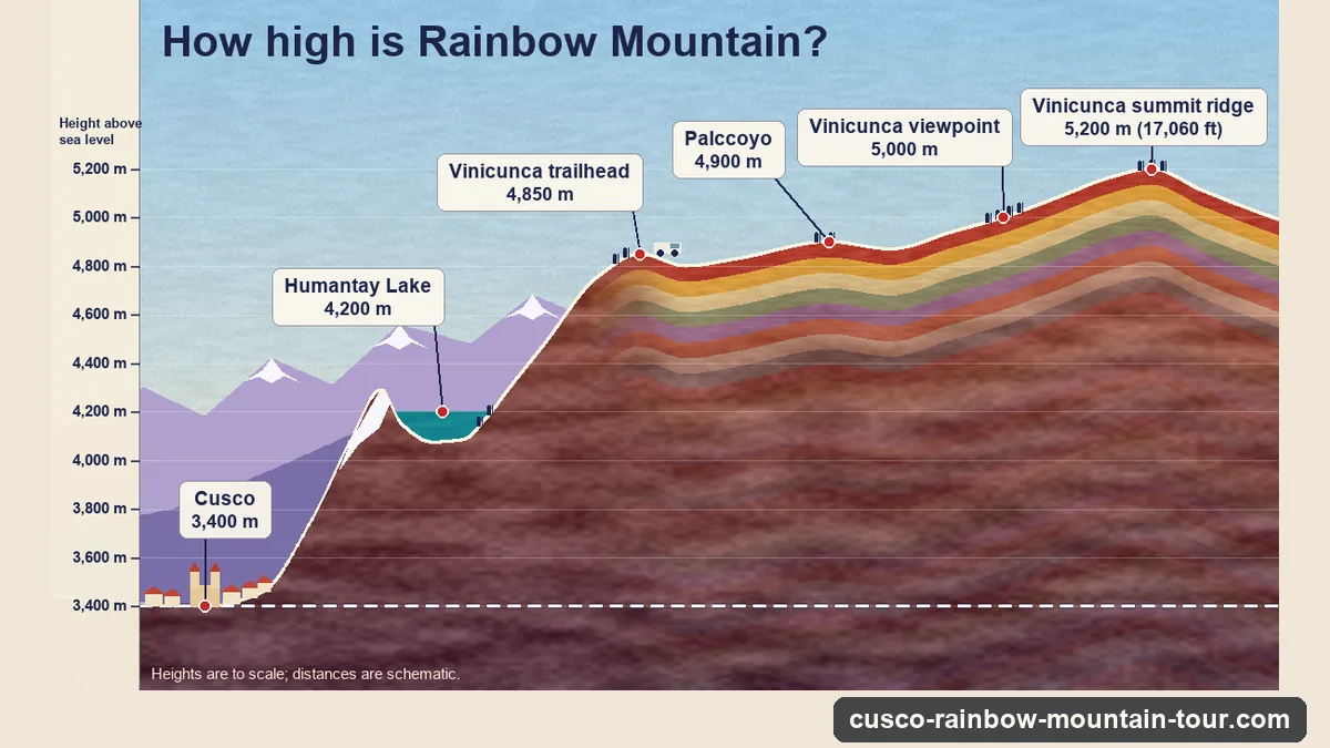 Altitude chart: Cusco 3,400 m, Humantay Lake 4,200 m, Vinicunca trailhead 4,850 m, Palccoyo 4,900 m, Vinicunca viewpoint 5,000 m, summit ridge 5,200 m