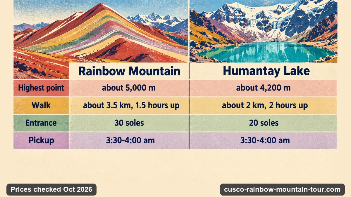 Rainbow Mountain vs Humantay Lake: highest point 5,000 m vs 4,200 m, walk about 3.5 km vs about 2 km, entrance 30 vs 20 soles